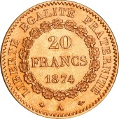 Золотая монета 20 франков 1874 Франция