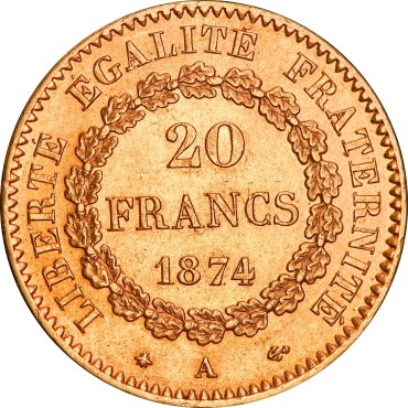 Золотая монета 20 франков 1874 Франция