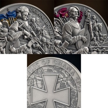 Срібна монета 2oz Україна. Загартована У Боях 10 седи 2024 Гана (кольорова, antique)