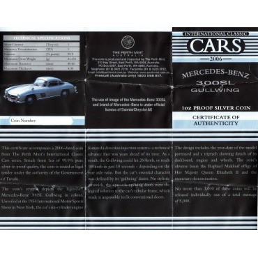 Серебряная монета 1oz Автомобиль "1955 Mercedes-Benz 300SL Gullwing" 1 доллар 2006 Тувалу (цветная)