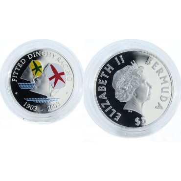 Серебряная монета Гонки На Шлюпках 5 долларов 2003 Бермудские Острова (цветная)