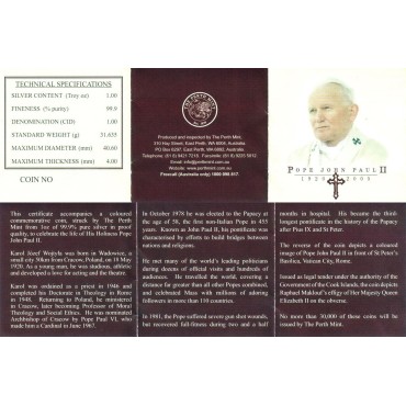 Срібна монета 1oz Папа Іван Павло II 1 долар 2005 Острови Кука (кольорова)
