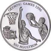Серебряная монета 1oz XXVI летние Олимпийские Игры Атланта 1996 "Баскетбол" 300 нгултрумов 1994 Бутан