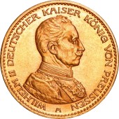 Золотая монета Вильгельм II в мундире 20 марок 1913 Пруссия Германская Империя