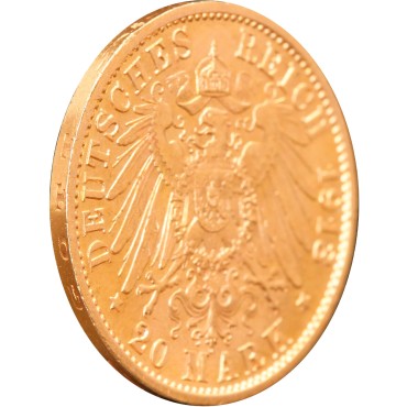 Золотая монета Вильгельм II в мундире 20 марок 1913 Пруссия Германская Империя