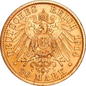 Золотая монета Вильгельм II в мундире 20 марок 1914 Пруссия Германская Империя