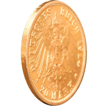 Золотая монета Вильгельм II в мундире 20 марок 1914 Пруссия Германская Империя