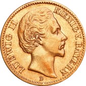 Золотая монета Людвиг II 20 марок 1873 Бавария Германская Империя