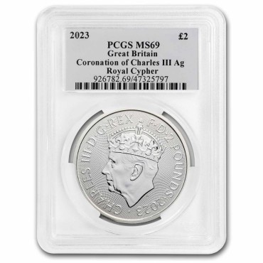 Серебряная монета 1oz Коронация Короля Карла III  2 английских фунта 2023 Великобритания (PCGS MS-69 King Label)
