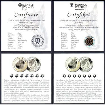 Серебряная монета Год Собаки 1 доллар 2018 Ниуэ