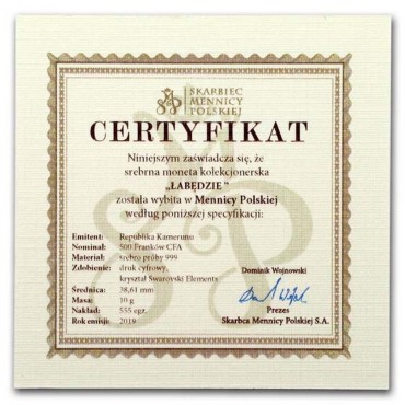 Срібна монета Два лебеді 500 франків КФА 2019 Камерун