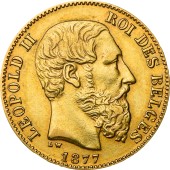 Золотая монета Леопольд II 20 франков 1877 Бельгия