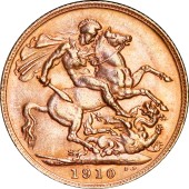 Золотая монета Соверен Эдуарда VII 1 Английский Фунт 1910 Великобритания
