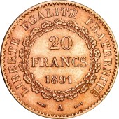 Золотая монета 20 франков 1891 Франция
