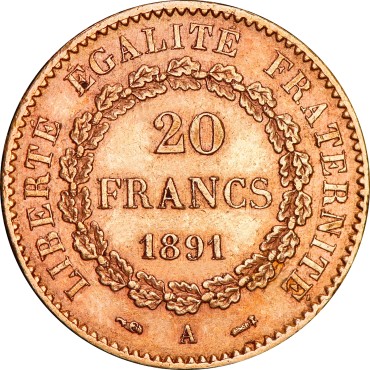 Золотая монета 20 франков 1891 Франция