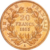 Золотая монета Наполеон III 20 франков 1855 Франция