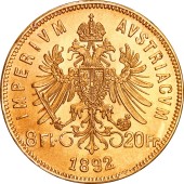 Золота монета 8 Флорінів/20 Франків 1892 Австрія (рестрайк)