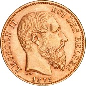 Золотая монета 20 франков 1874 Бельгия
