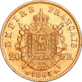 Золотая монета Наполеон III 20 франков 1863 Франция