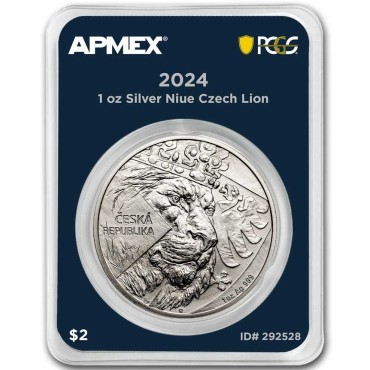 Серебряная монета 1oz Чешский Лев 2 доллара 2024 Ниуэ (MintDirect® Premier + PCGS FS®)