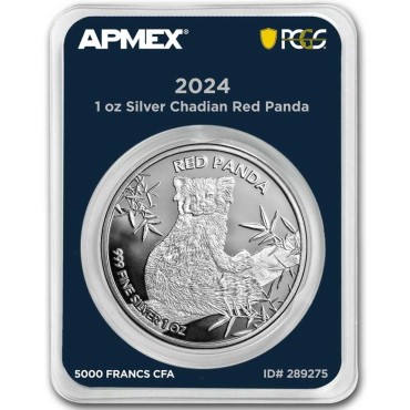 Срібна монета 1oz Червона Панда 5000 франків КФА 2024 Чад (MintDirect® Premier + PCGS FS®)