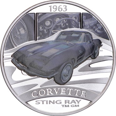 Серебряная монета 1oz Автомобиль "1963 Corvette Sting Ray" 1 доллар 2006 Тувалу (цветная)