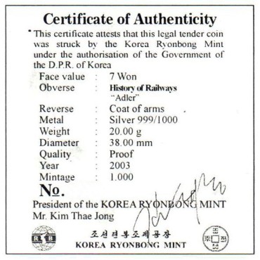 Срібна монета 20g Історія Залізниць "Адлер" 7 вон 2003 Північна Корея