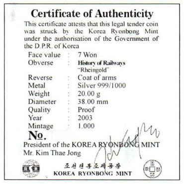 Срібна монета 20g Історія Залізниць "Рейнгольд" 7 вон 2003 Північна Корея