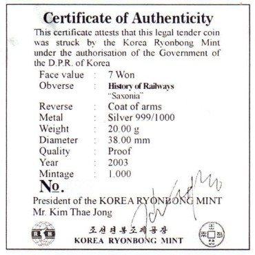 Срібна монета 20g Історія Залізниць "Саксонія" 7 вон 2003 Північна Корея