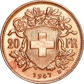 Золотая монета Гельвеция 20 франков 1947 Швейцария