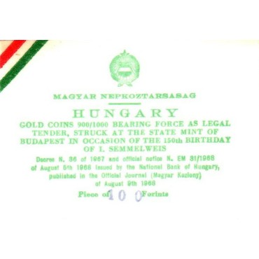 Золота монета 100 форинтів 1968 Угорщина