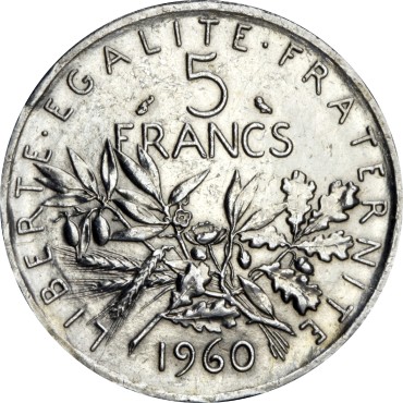 Срібна монета 5 франків 1960 рік Франція