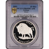 Серебряная монета Зубр 10 гривен 2003 Украина