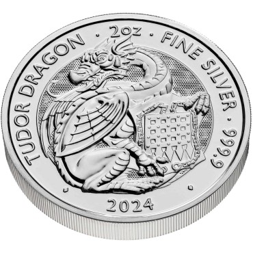 Серебряная монета 2oz Дракон Тюдоров "Королевские Звери Тюдоров" 5 фунтов 2024 Великобритания