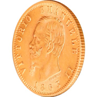 Золотая монета Виктор Эммануил II 20 лир 1863 Италия