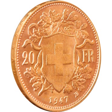 Золота монета Гельвеція 20 франків 1947 Швейцарія
