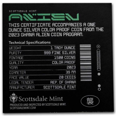 Серебряная монета 1oz Космический Пришелец 5 седи 2023 Гана (пруф, цветная)