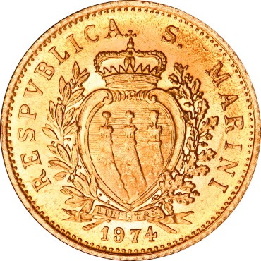 Набор золотых монет Возобновление Чеканки 1 скудо и 2 скудо 1974 Сан-Марино