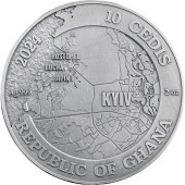 Серебряная монета 2oz Битва За Киев 10 седи 2024 Гана (цветная, antique)