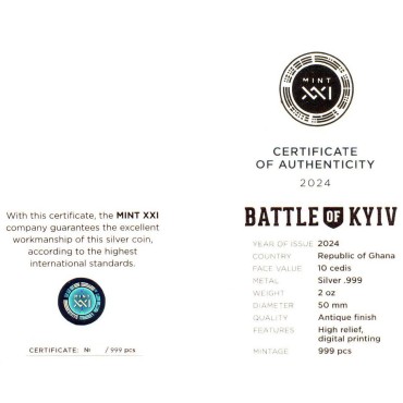 Серебряная монета 2oz Битва За Киев 10 седи 2024 Гана (цветная, antique)