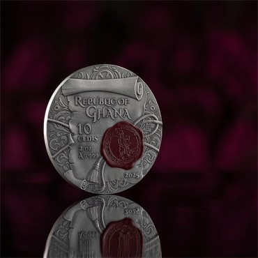 Серебряная монета 2oz Бессмертная Слава 10 седи 2025 Гана (цветная, antique)
