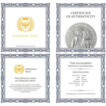 Срібна монета 1oz Алегорії Німеччини та Британії 5 Марок 2019 Німеччина "Limited Edition for WORLD MONEY FAIR'20"