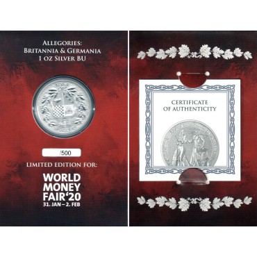 Срібна монета 1oz Алегорії Німеччини та Британії 5 Марок 2019 Німеччина "Limited Edition for WORLD MONEY FAIR'20"