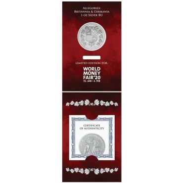 Срібна монета 1oz Алегорії Німеччини та Британії 5 Марок 2019 Німеччина "Limited Edition for WORLD MONEY FAIR'20"