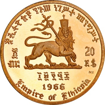 Золотая монета 75 лет со Дня Рождения и 50 лет Восшествию На Престол Императора Хайле Селассие I 20 быров 1966 Эфиопия