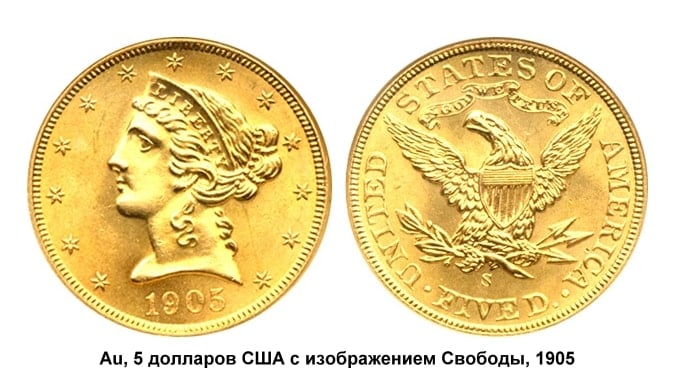 5 долларов США, 1905 год, изображение Свободы