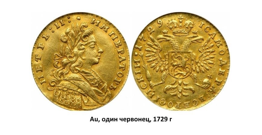 Золотые монеты Петра II (1727-1729)